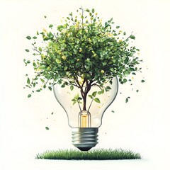 Poster - Lightbulb Transforming into a Tree Illustrating the Concept of Creativity and Growth Through a Minimalist Flat Design Style on a White Background