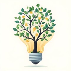 Poster - Lightbulb Transforming into a Tree Representing the Concept of Creativity Innovation and Sustainable Growth in a Flat Design with a White Background