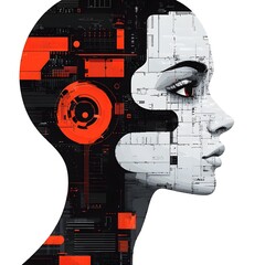 Poster - of a robot transforming into a human head representing the convergence of intelligence and human creativity  A futuristic minimalist and conceptual design