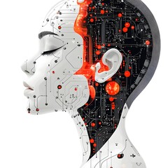 Poster - Robot Transforming into a Human Head   An of Intelligence and Creativity Merging in a Flat Minimalist Design  Depicting the Fusion of Technology and Imagination