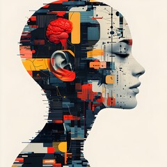 Poster - Robot Transforming into Human Head Showcasing Intelligence and Creativity   Flat Design Highlighting the Concept of Innovation Imagination and the Fusion of Technology and Human Potential