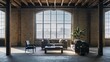 © Background_Studio - Industrial Loft Living Room Modern living room furniture with a large window in a loft setting with brick walls.