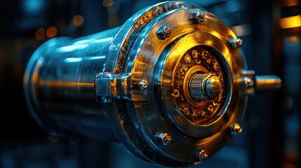 Poster - Close-up of a metallic industrial component with a circular gear system and bolts