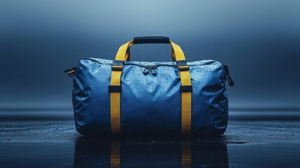 Durable water-resistant travel duffle bag mockup with yellow straps placed against a wet dark background perfect for branding and outdoor gear promotion.. Generative AI