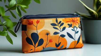 Custom printed travel pouch mockup with floral design perfect for branding or promotional use. Generative AI