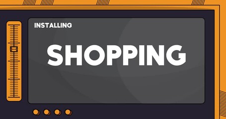 Poster - Cartoon Computer With the word Shopping. Video message of a screen displaying an installation window.