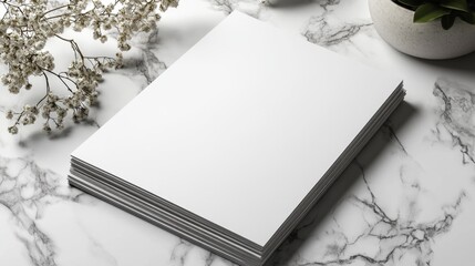 Minimalist A4 flyer mockup on a marble surface with a natural elegant arrangement. Perfect for showcasing corporate business or creative designs.. Generative AI