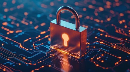 Poster - A digital padlock sits prominently on a circuit board background, symbolizing cybersecurity and data protection in a high-tech environment.