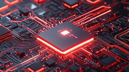 Poster - A close-up view of a glowing microchip on a circuit board, featuring intricate pathways highlighted in red, showcasing advanced technology.