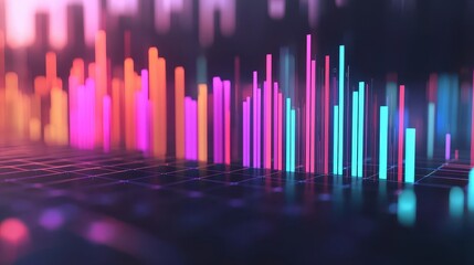 Poster - A vibrant digital landscape filled with colorful bars representing data visualization or sound waves.