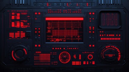 Poster - A futuristic control panel with a dark aesthetic, featuring red displays and intricate interface elements.