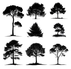 Set of black pine tree silhouettes on a white background, in a clip art style