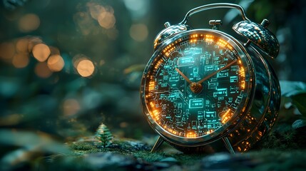 Poster - an depiction of a sleek modern alarm clock with futuristic technology elements inside the clock face