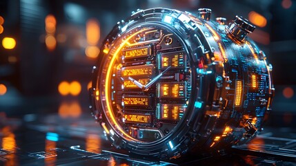 Poster - Sleek minimalist alarm clock design featuring futuristic technology elements inside the clock face including interconnected nodes server racks and symbols of data transfer and cloud computing