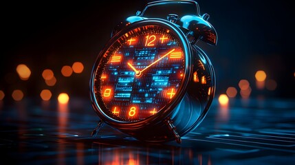 Poster - sleek futuristic alarm clock design featuring interconnected nodes server racks and cloud computing 