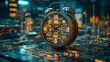 © Heng Heng - AI Stock - An depiction of a vintage wooden alarm clock with technology elements inside  The clock face shows high speed data streams and interconnected devices