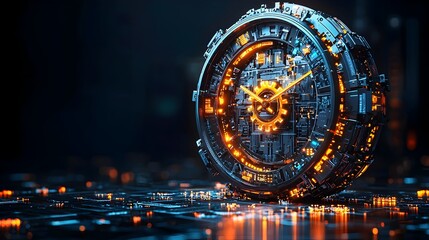 Poster - Sleek futuristic alarm clock design featuring robotic arms automation systems and industrial icons within the clock face