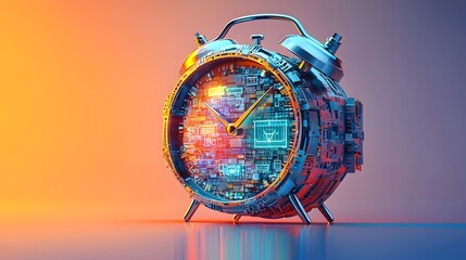Poster - depiction of a sleek modern alarm clock with digital technology elements representing cybersecurity and data protection  The clock face shows symbols of firewalls and shields creating a secure