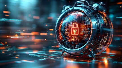 Poster - Sleek and Secure A Modern Alarm Clock with Cybersecurity Elements  The digital clock face showcases symbols of firewalls and shields