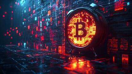Poster - Vintage wooden alarm clock with a modern twist featuring a network of blocks chains and glowing digital currency symbols like Bitcoin and creating a futuristic and tech driven atmosphere