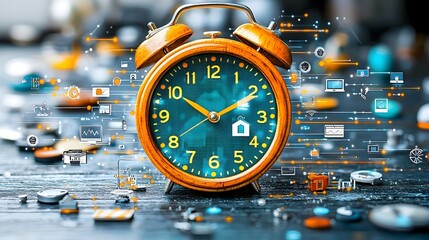 Poster - Vintage wooden alarm clock redesigned with interconnected smart technology elements showcasing the convergence of traditional timepieces and the Internet of Things IoT