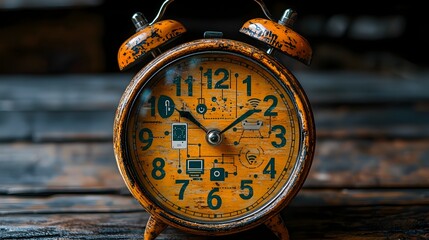 Poster - depiction of a vintage wooden alarm clock infused with interconnected smart technology elements incl