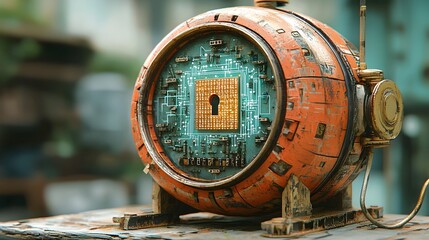 Poster - Depiction of a Vintage Wooden Alarm Clock with Futuristic Technology Elements Inside  The Clock Face Features Digital Locks and Encrypted Data Patterns Representing Cybersecurity and Data Protection