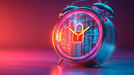 Poster - vintage wooden alarm clock with cybersecurity and data protection elements the clock face shows a di