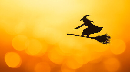 Silhouette of a witch flying on a broomstick against a vibrant orange backdrop.