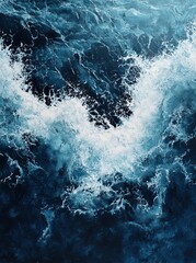 Poster - White foam breaking the dark blue surface of the ocean water.