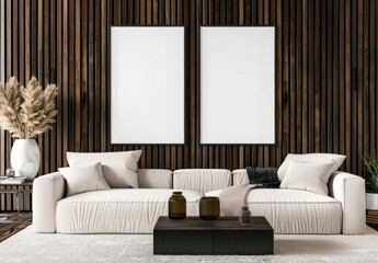 Minimalist living room interior with white sofa, coffee table and two blank picture frames on dark wooden wall. 3D illustration