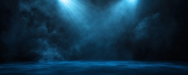 Poster - Blue light beams shining through fog on dark background.