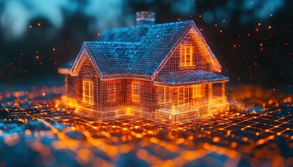 Aufkleber - A 3D Wireframe Model of a House Glowing with Orange Light