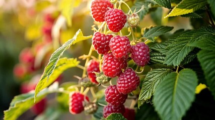 Poster - This Ripe raspberries are clustered together on green stems under warm sunlight.