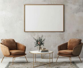 Two modern armchairs and a coffee table with flowers. Blank picture frame mockup on the wall. Interior design concept.