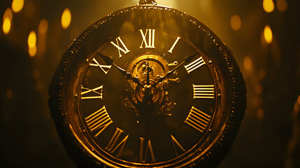 A vintage clock face with roman numerals, surrounded by a golden glow.