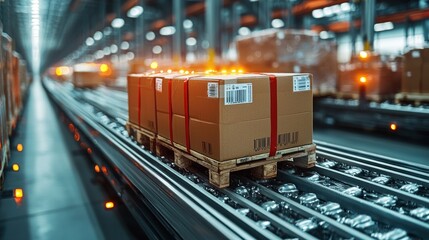 Poster - Cardboard Boxes on a Conveyor Belt in a Warehouse