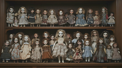 A collection of vintage porcelain dolls displayed on a wooden shelf.