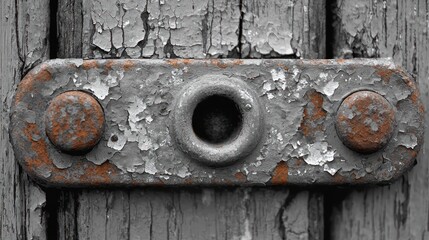 Poster - Rusty Metal Bracket with Peeling Paint on Wooden Surface