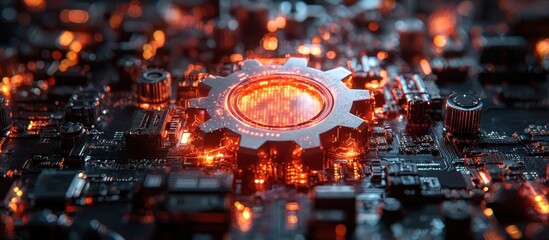Poster - Glowing Cogwheel on a Futuristic Circuit Board