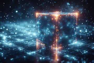 Aufkleber - Glowing Digital Cube with Orange and Blue Lights on a Dark Background