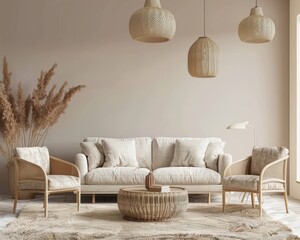 Warm and inviting living room interior with a comfortable sofa, wicker armchairs, a stylish coffee table, and beautiful wicker pendant lights. The neutral color palette creates a cozy