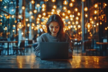 Poster - Woman Working on Laptop in a Cafe with String Lights