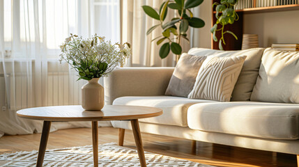 Poster - A cozy living room scene with a light-colored sofa, filled with decorative cushions, and a round wooden coffee table that holds a floral arrangement for lifestyle.