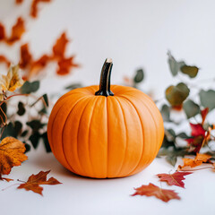 A fresh orange pumpkin is beautifully displayed amidst scattered autumn leaves, capturing the essence of the fall season for the harvest holiday.