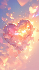 Poster - A vibrant illustration features a sparkling heart surrounded by floating hearts and light bursts, set against a soft pastel background for the love theme.