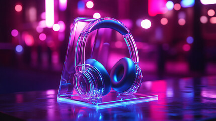 Poster - A pair of stylish headphones is displayed on a transparent stand, illuminated by colorful neon lights, emphasizing a modern and trendy design for music enthusiasts.