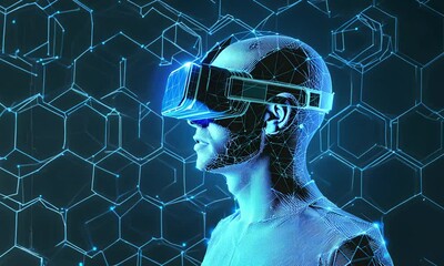 Aufkleber - Virtual reality user with wireframe body in dark honeycomb setting.