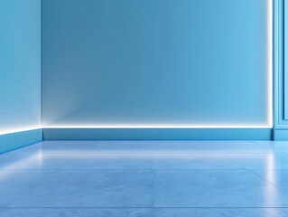 Poster - A serene blue interior space featuring smooth tiles and ambient lighting along the edges, creating a tranquil and modern atmosphere for lifestyle.