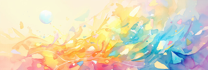 Poster - An abstract watercolor artwork with flowing colors of yellow, blue, and pink blending together, creating a vibrant and cheerful composition for graphic resources.